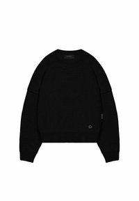 Black knitted sweater with a crew neckline and dropped shoulders. Features ribbed texture and subtle logo detail on the hem.