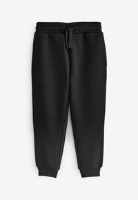 Zwarte sweatpants van een zacht materiaal, met een elastische tailleband met een trekkoord en ribgebreide boorden bij de enkel.