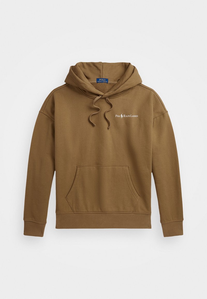 Rudos gobtuvas megztinis, pagamintas iš minkštos medžiagos, su kengūros kišene ir mažu siuvinėtu logotipu ant krūtinės.