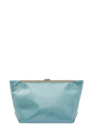 Clutch in pelle lucida turchese con chiusura in metallo dorato, forma rettangolare, superficie liscia, con un delicato dettaglio del logo sulla parte frontale.