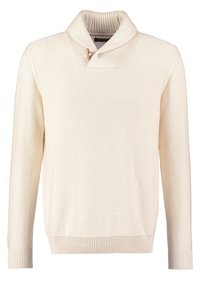 Kremowy sweter dzianinowy z szalowym kołnierzem, fakturą prążkową i detalem w postaci guzików. Długie rękawy i dopasowany dół dopełniają całość projektu.