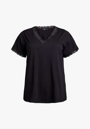 Maglietta nera con scollo a V e maniche corte, caratterizzata da un delicato pizzo lungo il collo e i bordi delle maniche, realizzata in un tessuto morbido.