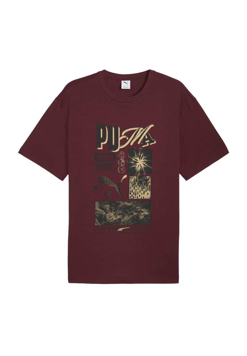 Maroon Puma T-shirt with gold and black graphic text and images, including "PUMA," a puma silhouette, and abstract patterns.
