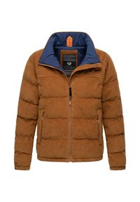 Bruine corduroy pufferjack met een marineblauwe kraag, ritssluiting, twee voorzakken en textuurpanelen. Heeft een bewerkte binnenvoering.