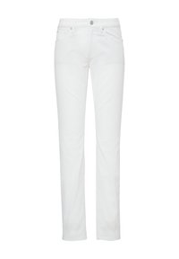 Weiße, schmal geschnittene Jeans mit glatter Textur, Fünf-Taschen-Design und metallischem Knopfverschluss am Bund. Leicht dehnbare Stoffqualität.
