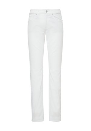 Jeans blancs fuselés au toucher lisse, avec un design à cinq poches et une fermeture à bouton métallique à la taille. Tissu légèrement extensible.