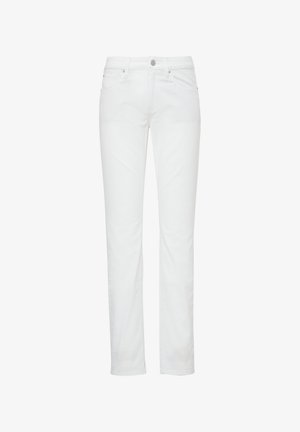 Witte tapered jeans met een zachte textuur, vijf-pocketontwerp en metalen knoopsluiting in de taille. Licht elastische stof.