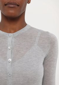 Gros plan sur une personne portant un cardigan gris clair boutonné avec un col rond sur un fond blanc uni.