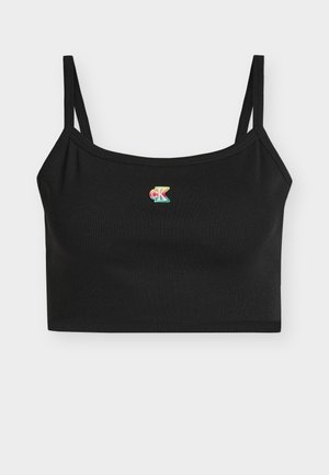 Μαύρο ριμπ τοπ cropped με λεπτές τιράντες και μικρό πολύχρωμο λογότυπο "ck" στο κέντρο του στήθους.