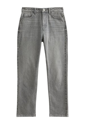 Gray denim jeans with a straight-leg fit, five-pocket design, button closure, and subtle texture; no visible patterns or embellishments.