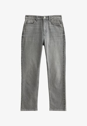 Jean en denim gris avec une coupe droite, design à cinq poches, fermeture à bouton et texture subtile ; sans motifs ni embellissements visibles.