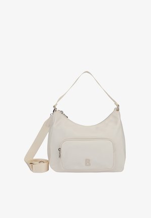 Krémově zbarvená střední kabelka se zipovou kapsou vpředu, krátkým uchem a odnímatelným nastavitelným ramenním popruhem.
