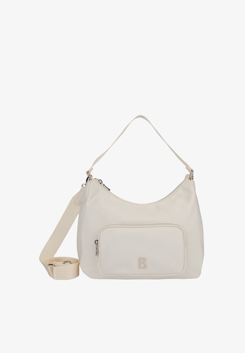 Crèmekleurige medium handtas met voorvak met rits, korte handgreep en afneembare, verstelbare schouderriem.