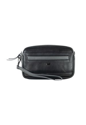 Borsa in pelle nera con una superficie liscia, forma rettangolare, dettagli grigi, chiusura con zip superiore e tracolla staccabile.