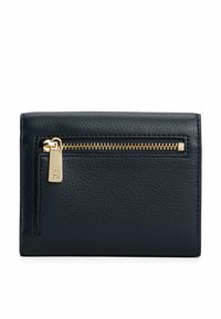 Black textured leather wallet with a horizontal gold zipper pocket and gold zipper pull with engraved logo on the front side.