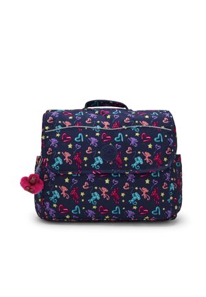 Sac à dos bleu marine avec un motif d'animaux en ballon colorés, de cœurs et d'étoiles, poches latérales, poignée et un petit porte-clés singe rose attaché.