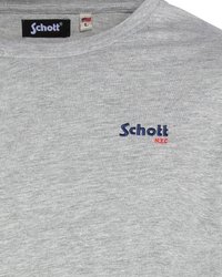 Graues Rundhalsausschnitt-T-Shirt aus Baumwolle. Besitzt ein gesticktes "Schott"-Logo in Marineblau mit roten Akzenten. Das Etikett zeigt die Größe Large an.