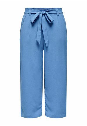 Lichtblauwe cropped broek met een elastische tailleband en een strikceintuur. Voorzien van zijzakken en een glad, gestructureerd stof.