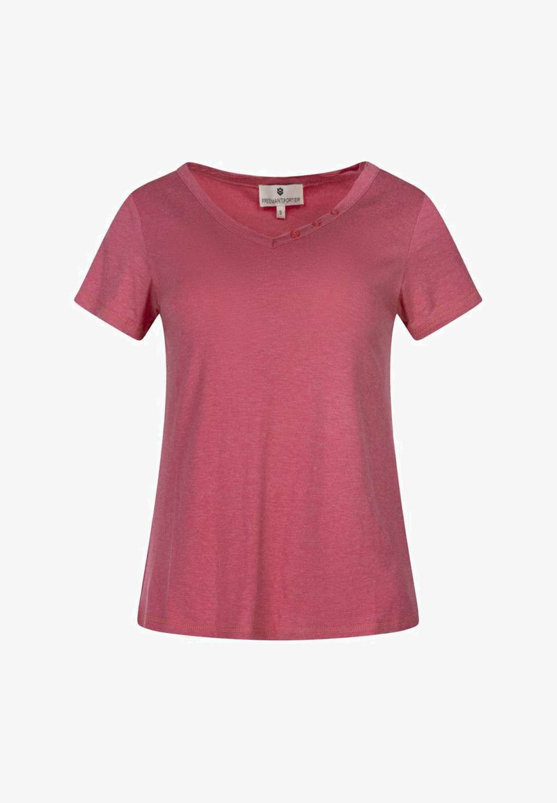T-shirt à manches courtes en tissu doux et léger. Couleur rose uni avec des accents de boutons près de l'encolure. Coupe décontractée.