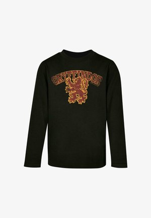 Schwarzes Langarmshirt mit einem Gryffindor-Löwenemblem in Weinrot und Gold, mit "GRYFFINDOR" darüber in fetter, nostalgischer Schrift.