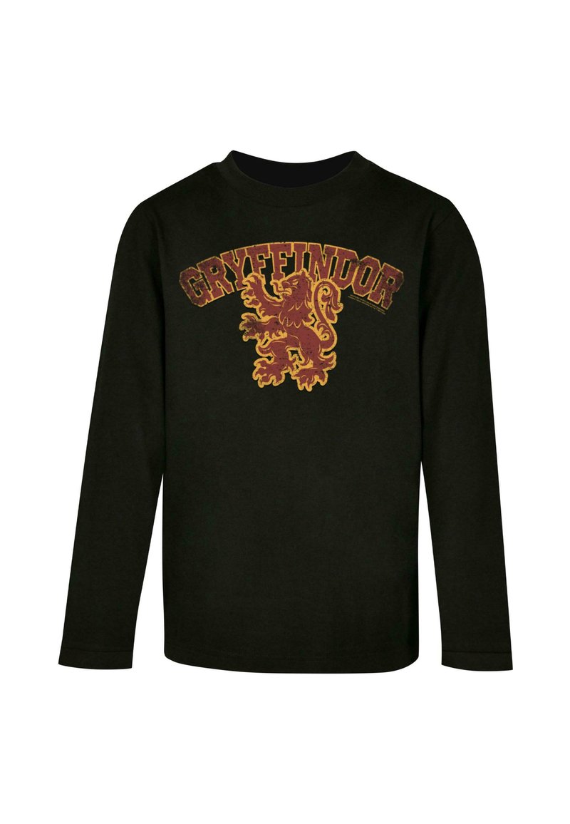 Must värviga pikkade varrukatega särk, millel on maroonist ja kullast Gryffindori lõvi embleem, ja "GRYFFINDOR" on trükitud ülal bold ja vintage stiilis kirjas.