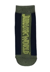 Schwarze und grüne Socke mit dem Aufdruck "Jurassic World" in fetter, strukturiertem Schriftzug an der Seite, einem gerippten Rand und einer einfarbigen Spitze.