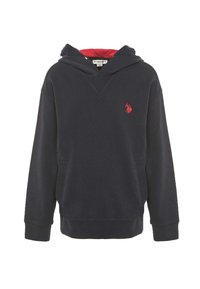 Felpa blu navy con fodera interna rossa nel cappuccio e piccolo logo ricamato rosso sul petto a sinistra, maniche lunghe e polsini e fondo a costine.