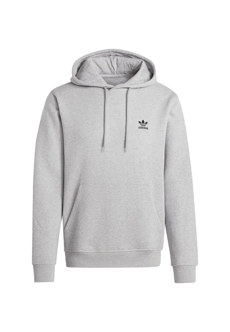 Szara bluza z kapturem wykonana z mieszanki bawełny, z przednią kieszenią, kapturem ze sznurkiem oraz małym czarnym logo Adidas na klatce piersiowej. Miękka faktura.