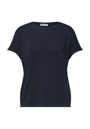 Mørk marineblå kortærmet løstsiddende t-shirt med rund halsudskæring og minimal tekstur, vist på en ensfarvet hvid baggrund.