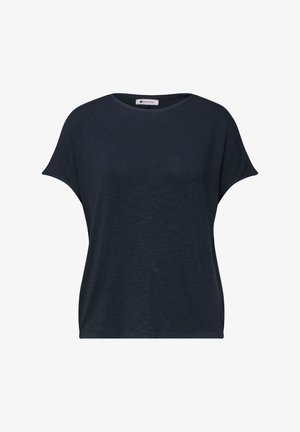 T-shirt bleu marine foncé à manches courtes, coupe ample, col rond et texture minimale, présenté sur un fond blanc uni.