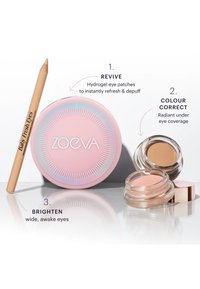 ZOEVA Baby Fresh Eyes potlood in lichtbeige, roze hydrogel oogpatches in een ronde container met iriserende accenten, en twee kleine glazen potjes.