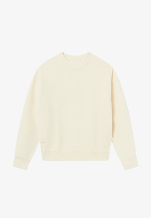 Cremfarbener Strickpullover mit strukturiertem Muster, Rundhalsausschnitt und gerippten Bündchen. Verfügt über einen leicht überschnittenen Schulterbereich und ein kleines Logo am Saum.