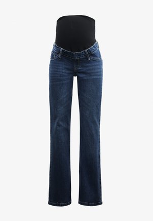 Maternity jeans with a stretchy black top panel, blue denim fabric, straight-leg design, and five-pocket style with belt loops.