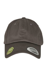 Brown adjustable cap made from fabric, featuring a rounded crown, curved visor, and embroidered details. Includes two tags on the front.