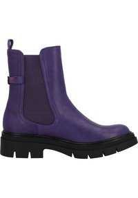 Botas Chelsea de cuero morado con paneles laterales elásticos, una lengüeta y una suela de goma negra gruesa con un patrón estriado.