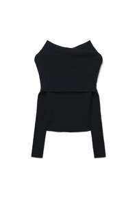 Maglione nero a maniche lunghe in knit, con ampia scollatura asimmetrica e silhouette aderente.