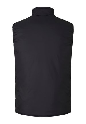 Czarna kamizelka bez rękawów z kołnierzem typu stójka, wykonana z lekkiego materiału. Gładka tekstura z delikatnymi przeszyciami na ramionach.