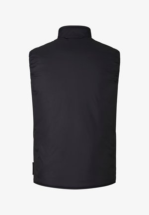 Black sleeveless vest with a stand-up collar, made of lightweight fabric. Smooth texture with subtle stitching details at the shoulders.
