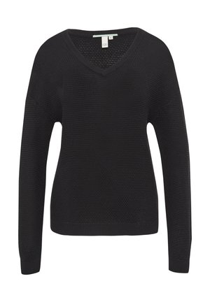 Mustuhall kangas, V-kaelus, pikad varrukad, tekstureeritud kudum ja soonilised servad ja mansetid. Lihtne, mugav disain, mis sobib kihilise kandmise jaoks.