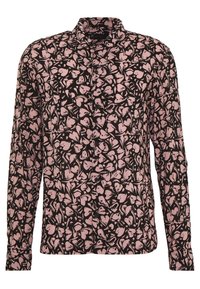 Blouse met lange mouwen in zwarte stof met een roze abstract bladmotief, voorzien van een kraag en een knoopsluiting aan de voorkant voor een getailleerde look.