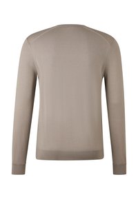 Hellbraunes Langarmpullover mit geripptem Muster, rundem Halsausschnitt und enganliegenden Bündchen. Die Rückansicht zeigt eine glatte Oberfläche und Nahtdetails.