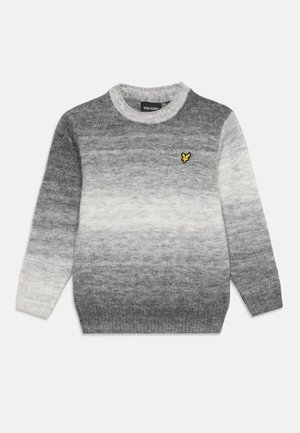 Pull en maille à manches longues avec un dégradé du gris au blanc et un petit logo oiseau jaune sur la poitrine gauche.