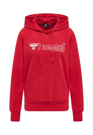 Rød hættetrøje med frontlomme, snoretræk og hvidt "hummel"-logo samt biemblem på brystet.