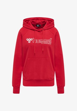 Rød hættetrøje med frontlomme, snoretræk og hvidt "hummel"-logo samt biemblem på brystet.