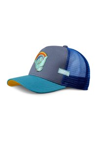 Gray fabric cap with blue mesh back, turquoise peak, and yellow underside. Features embroidered hand symbol and rainbow design. Logo tag attached.