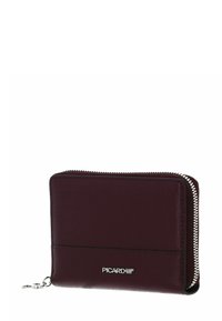 Portefeuille zippé en cuir bordeaux foncé avec fermeture éclair argentée et logo métallique « PICARD SINCE 1928 » sur la poche avant.