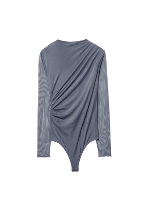 Szary bodysuit z długim rękawem, z drapowaniem z przodu i półprzezroczystymi siateczkowymi rękawami, dopasowana sylwetka, okrągły dekolt, dół typu thong.