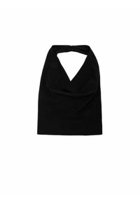 Black sleeveless top with a deep V-neck and halter-style neckline; made of ribbed fabric, featuring a draped texture.