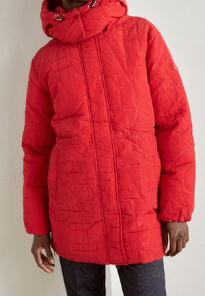Veste rouge matelassée à capuche avec une fermeture éclair frontale portée par une personne, associée à un pantalon sombre à motifs, sur un fond uni.