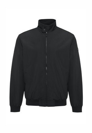 Giubbotto bomber nero con colletto alto, zip frontale completa, polsini e orlo a coste. Realizzato in tessuto liscio e leggero.